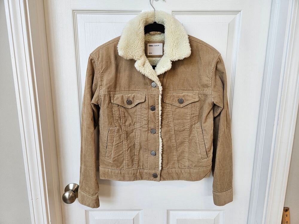 ASOS Denim Sherpa Lined Corduroy Trucker Jacket Camel Tan XS Cozy